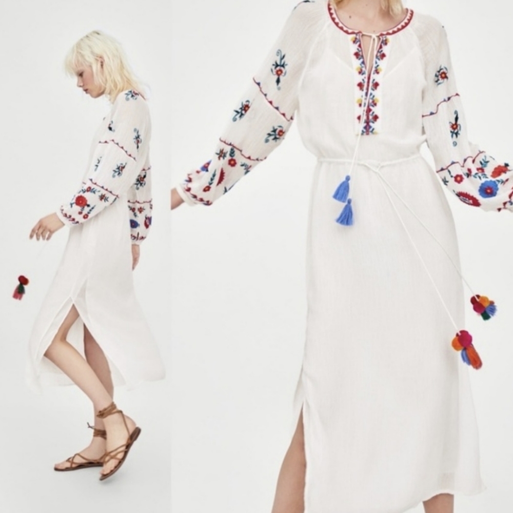 Zara Embroidered Bohemian Caftan Summer Tunic Dress Pom Poms + Tassel Vacation